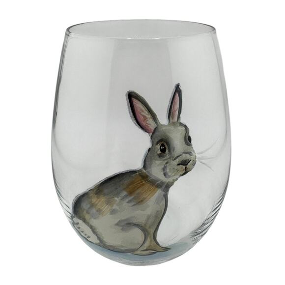 Pier 1 Vintage Stemless Bunny Wine Glasses Hand Painted Details Set of 4 - Picture 4 of 6